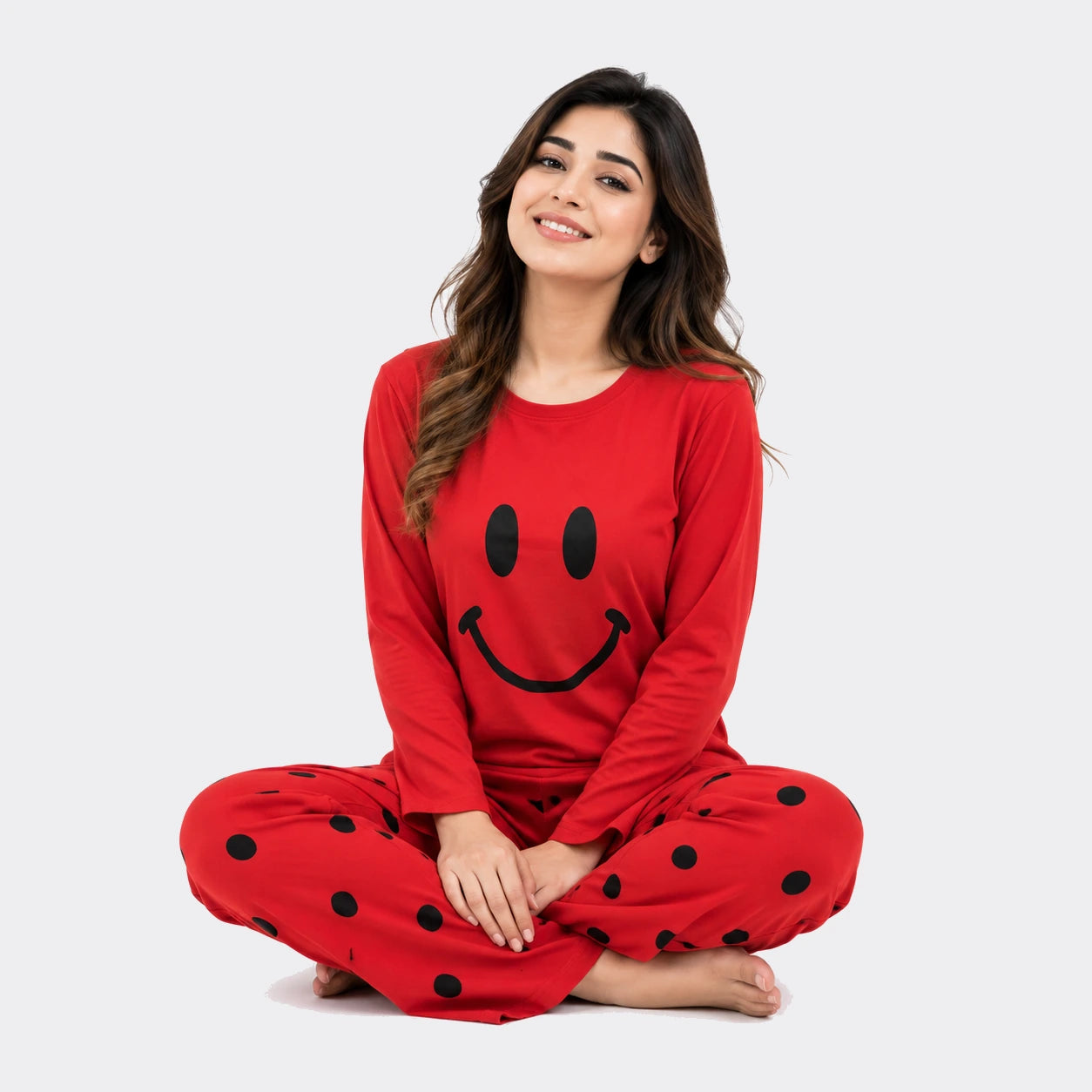 Smiley Face & Polka Dot Nightwear Set – Red