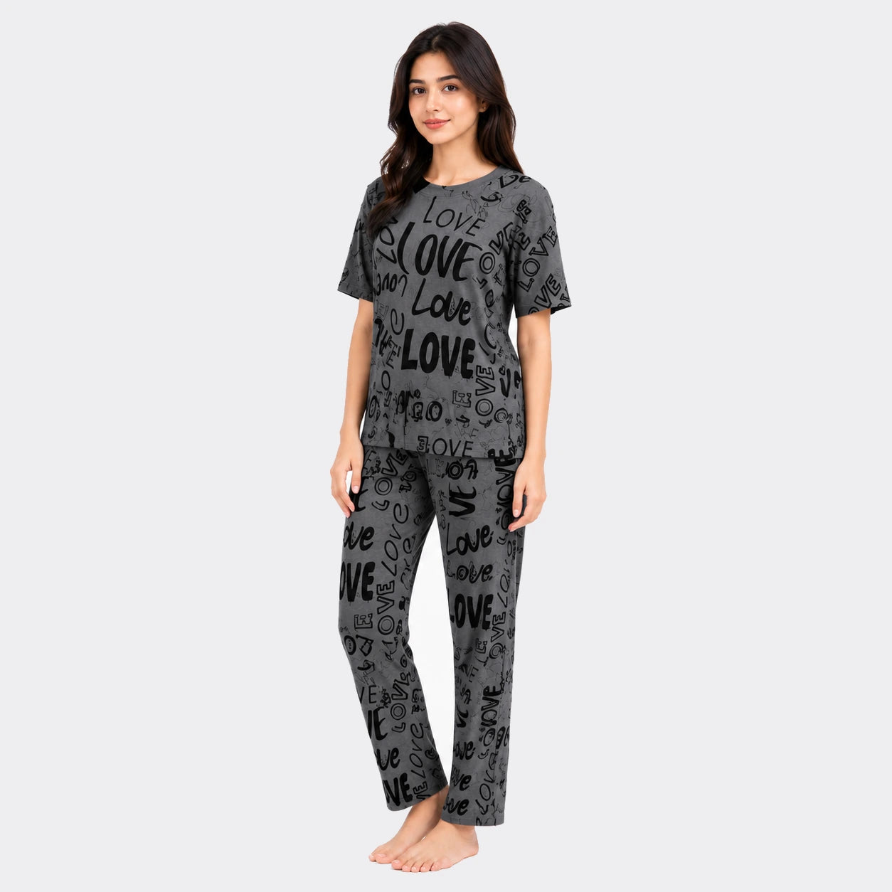 Love Typography Print Nightwear Set – Charcoal