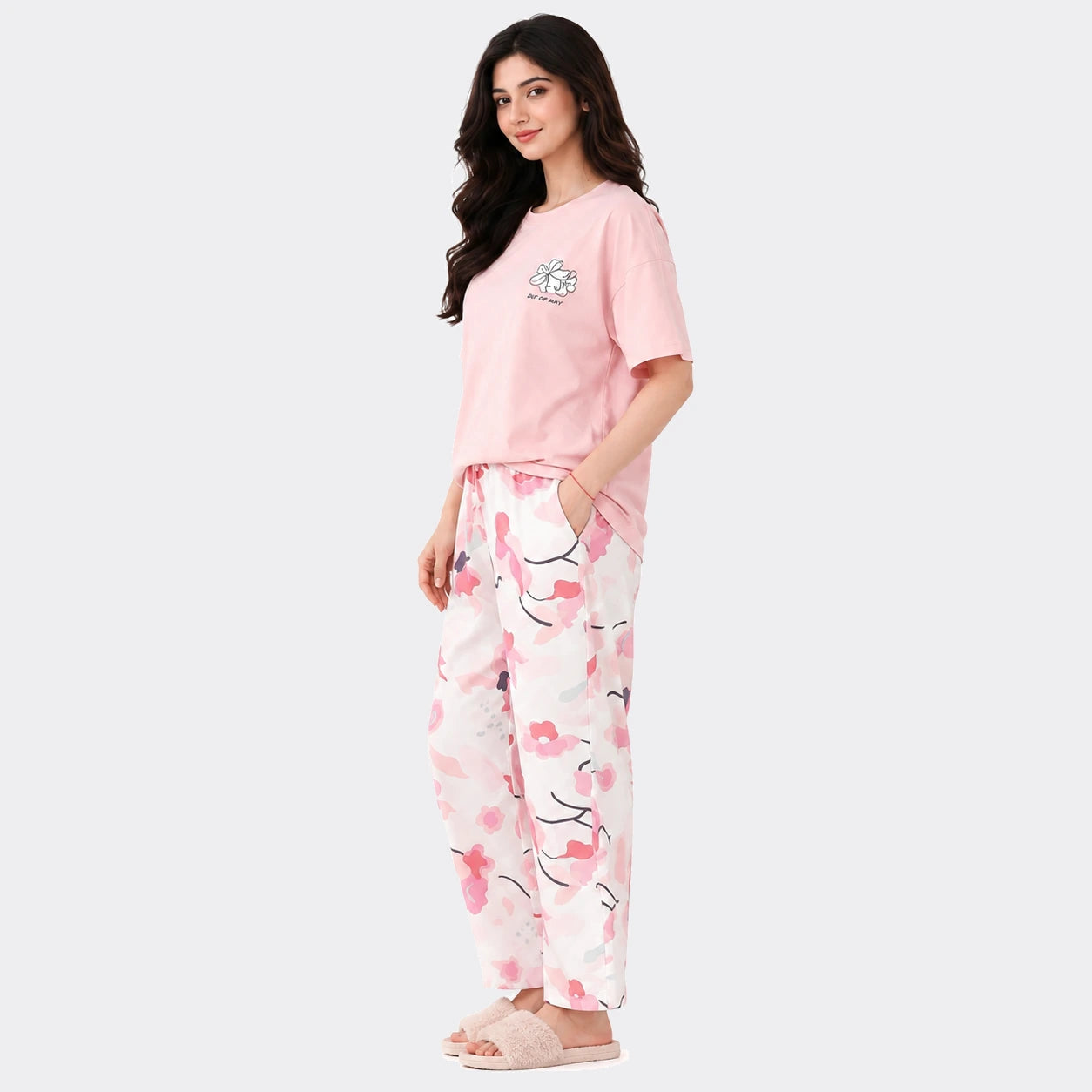 Blossom Floral Print Nightwear Set – Pink & White