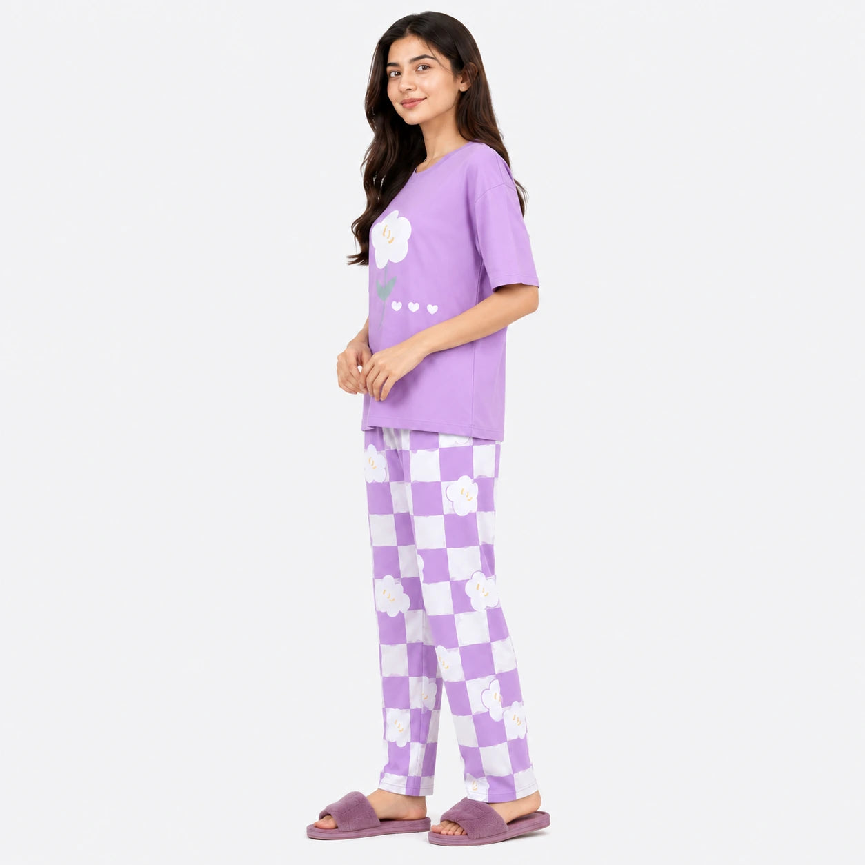 Smiley Flower Checker Nightwear Set – Purple