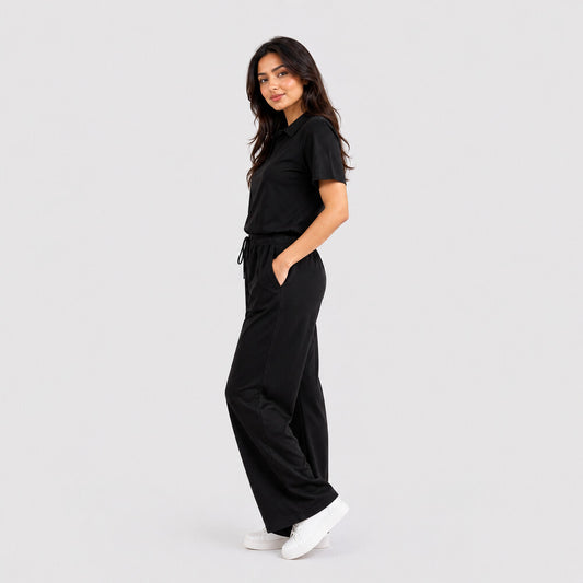 Women's Black Co-ord Set – Polo Collar Top with Wide-Leg Drawstring Pants Jersey