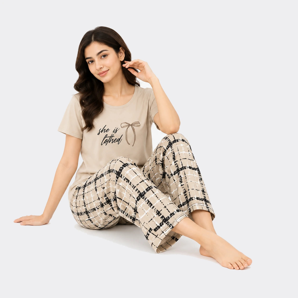 She Is Loved Check Print Nightwear Set – Beige