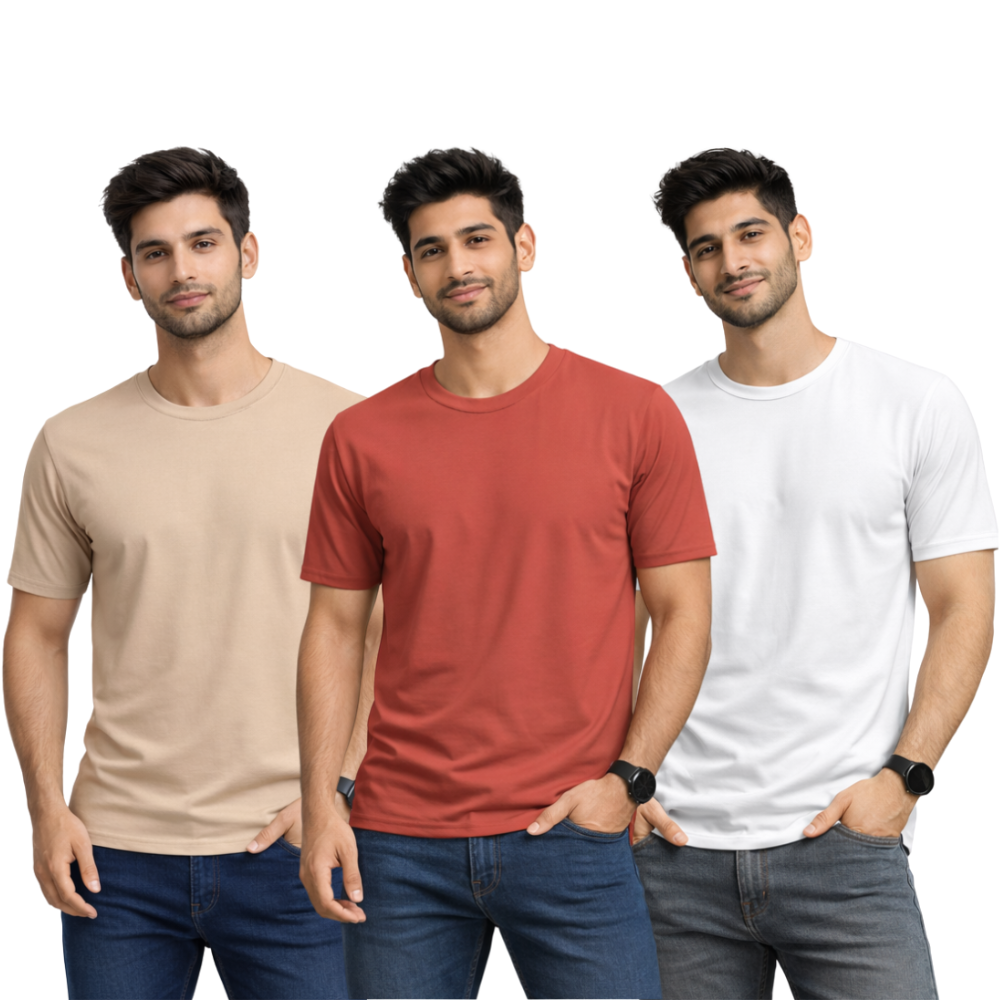 Pack Of 3 Plain Colors Half Sleeves T Shirts For Mens