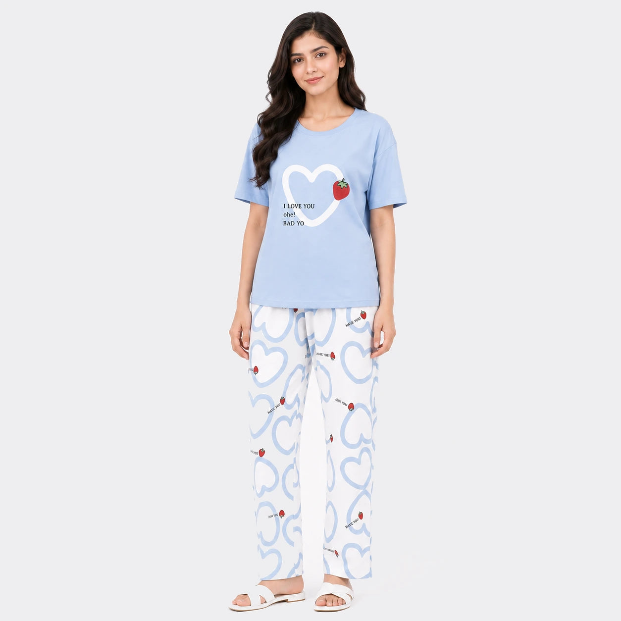 Heart & Strawberry Print Nightwear Set – Sky Blue & White