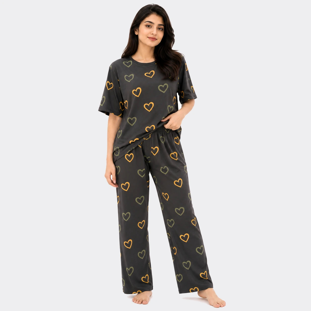 Heart Print Nightwear Set – Charcoal