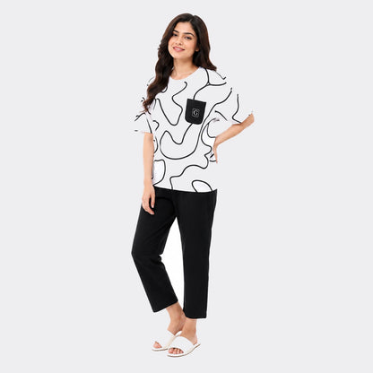 Abstract Wave Print Nightwear Set – White & Black
