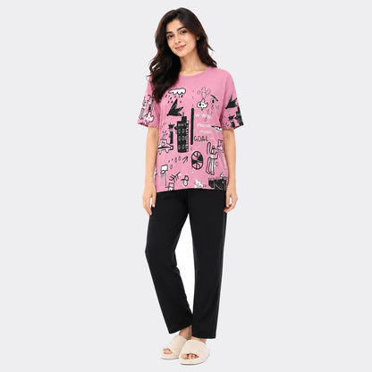 Doodle Art Print Nightwear Set – Pink & Black
