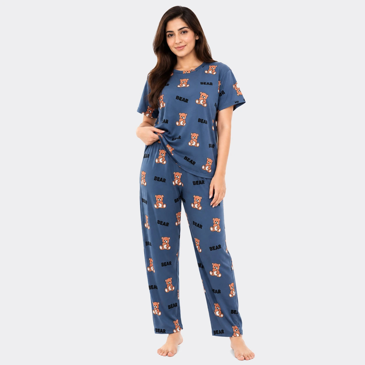 Teddy Bear Print Nightwear Set Blue