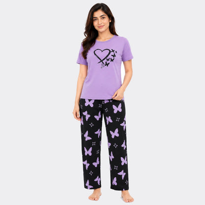 Heart & Butterfly Print Nightwear Set – Purple & Black