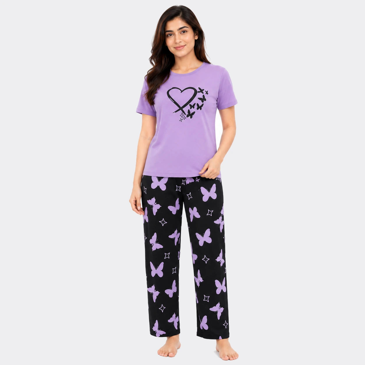 Heart & Butterfly Print Nightwear Set – Purple & Black