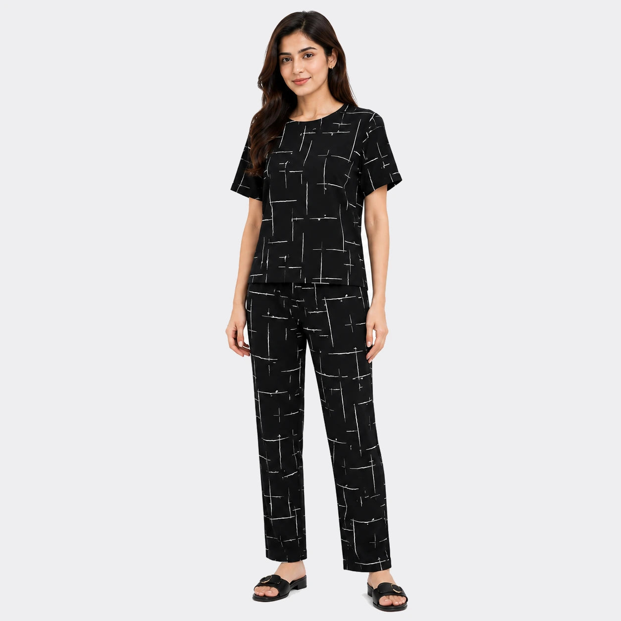 Abstract Grid Print Nightwear Set – Black