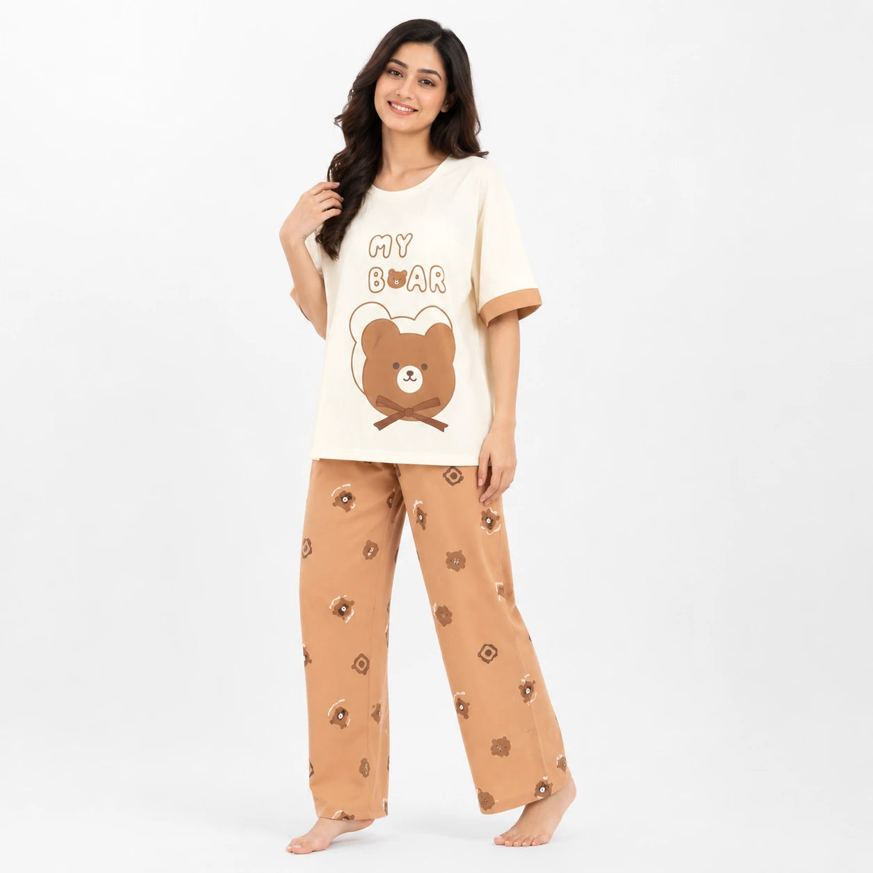 My Bear Graphic Nightwear Set – White & Brown
