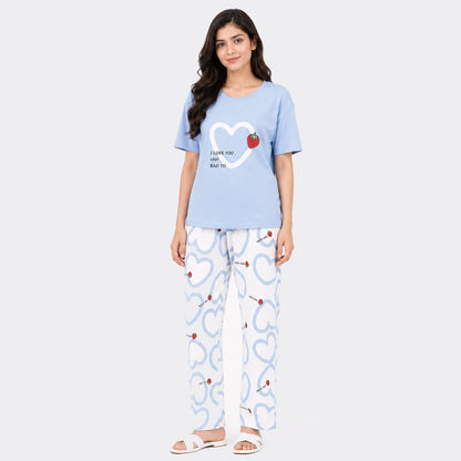 Heart & Strawberry Print Nightwear Set – Sky Blue & White