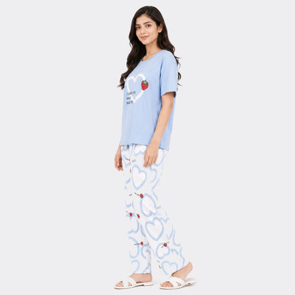Heart & Strawberry Print Nightwear Set – Sky Blue & White