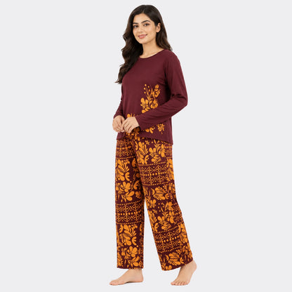 Ethnic Floral Print Nightwear Set – Maroon