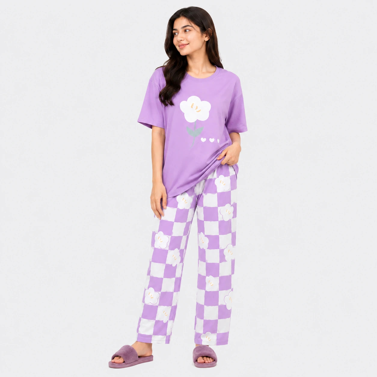 Smiley Flower Checker Nightwear Set – Purple