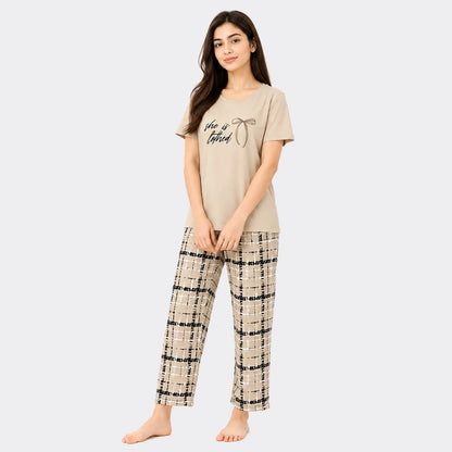 She Is Loved Check Print Nightwear Set – Beige