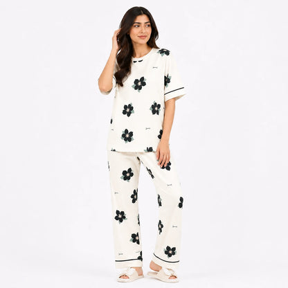 Large Flower Print Nightwear Set – White