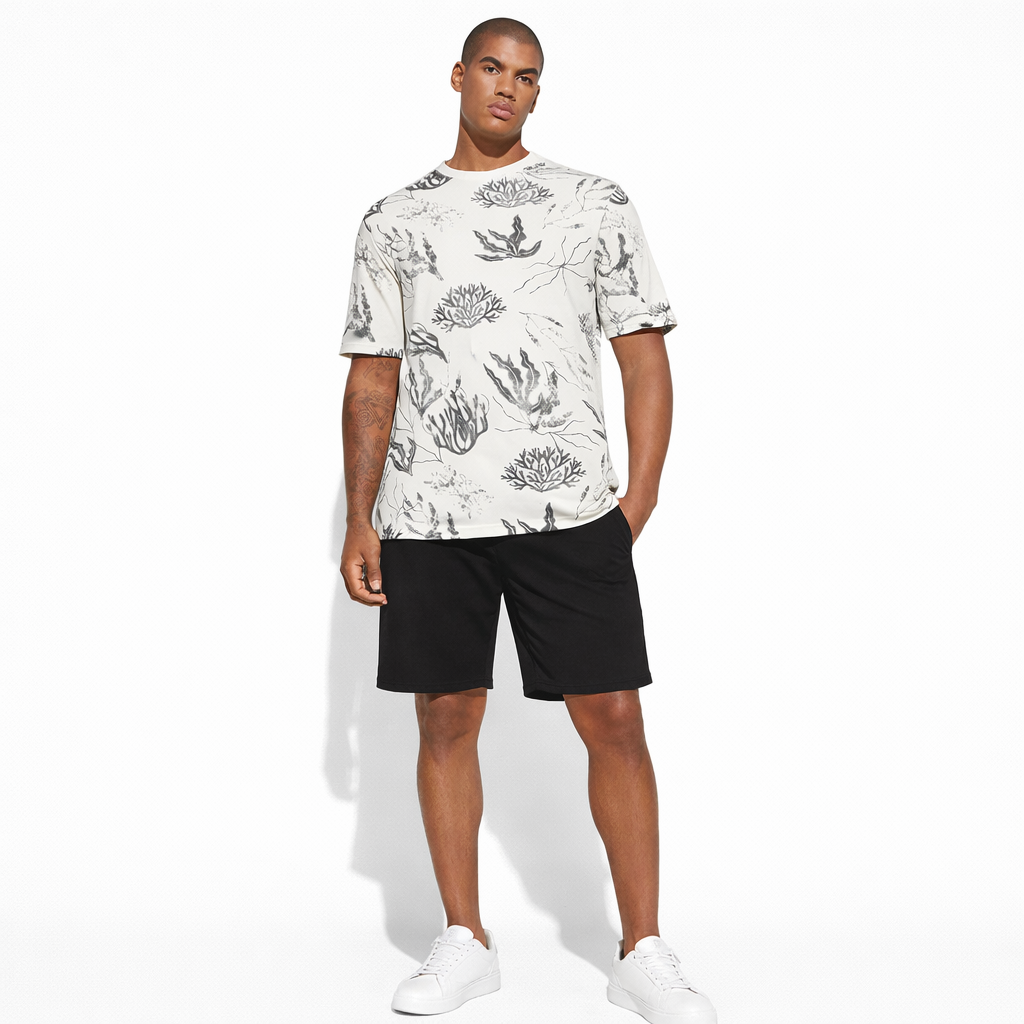 Sea Plant Printed Summer 2 Piece TrackSuite Casual Half Sleeves TShirt With Black Short For Men's