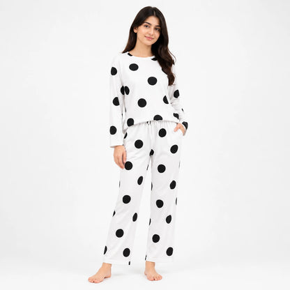 Polka Dot Print Nightwear Set – White