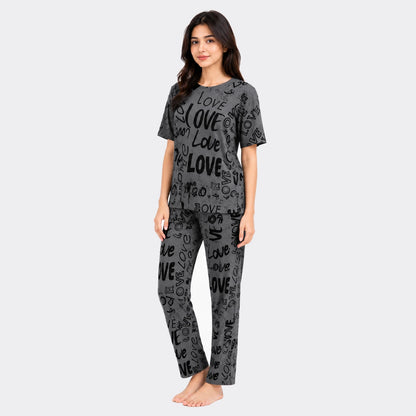 Love Typography Print Nightwear Set – Charcoal