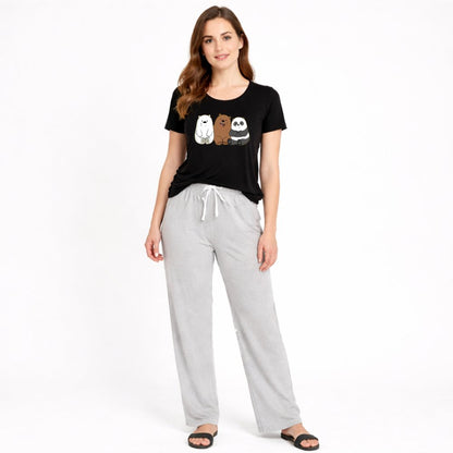Women's Cartoon Bear Print Night Suit – T-Shirt & Trouser Set