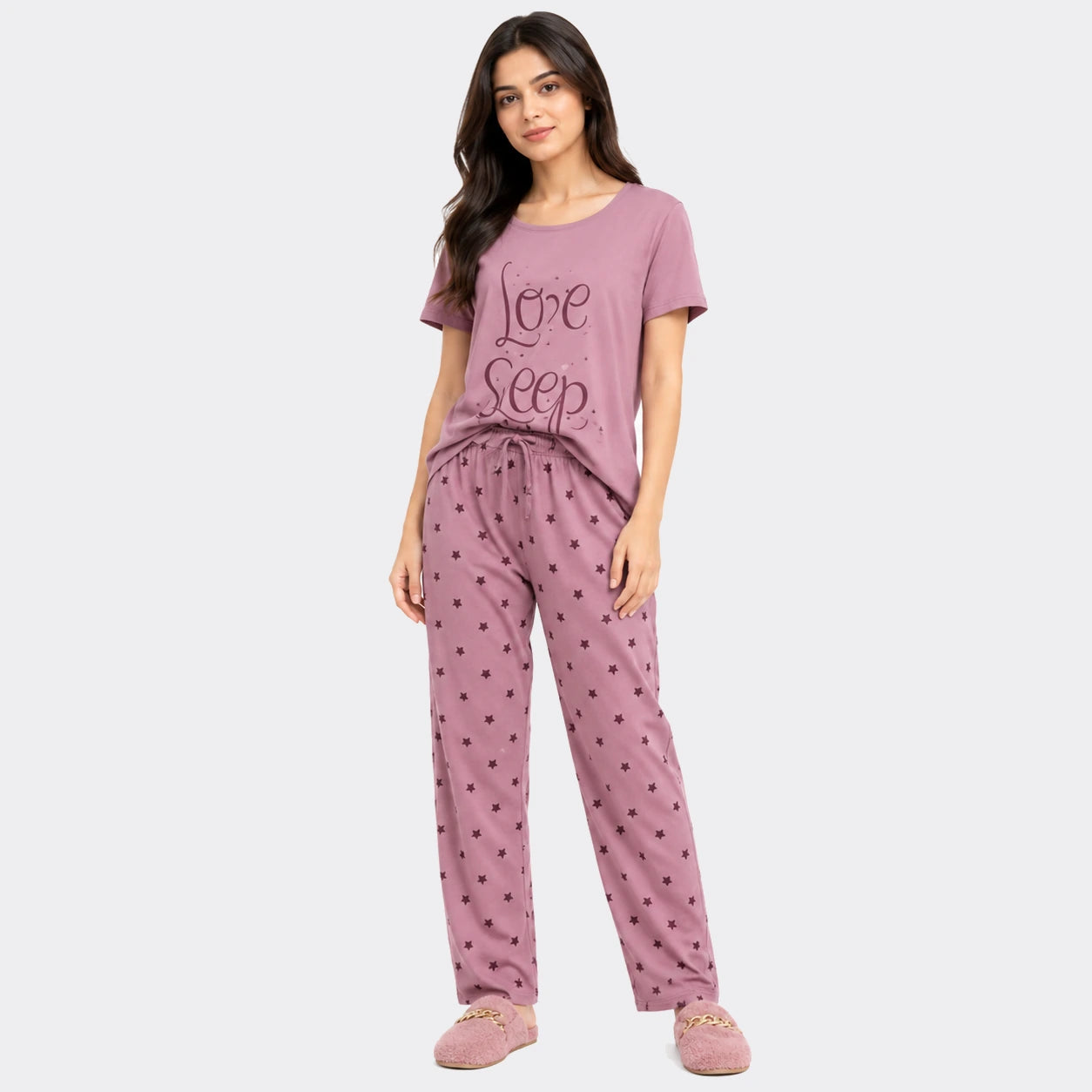 Love Sleep Star Print Nightwear Set – Mauve Pink