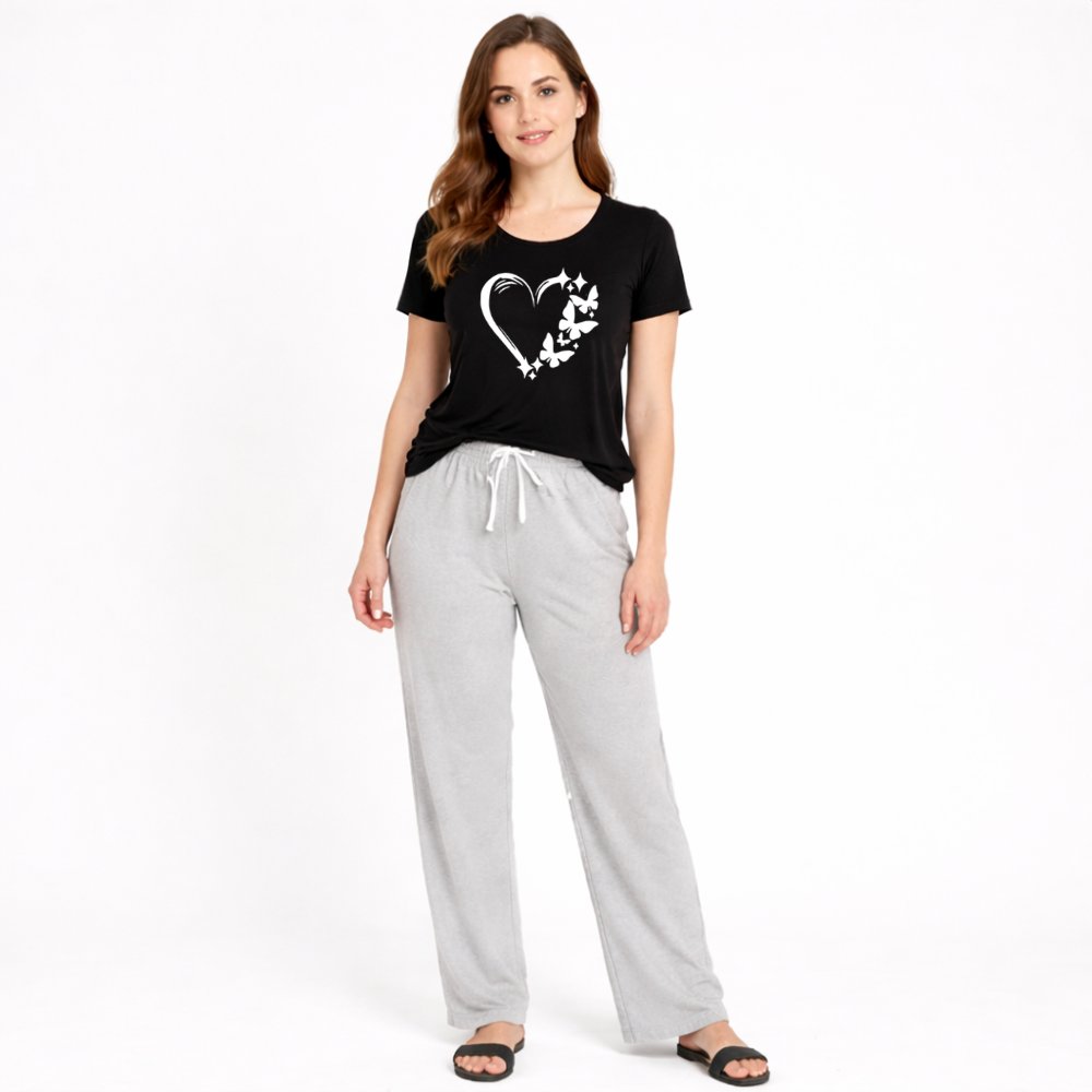 Women's Heart & Butterfly Print Night Suit – T-Shirt & Trouser Set