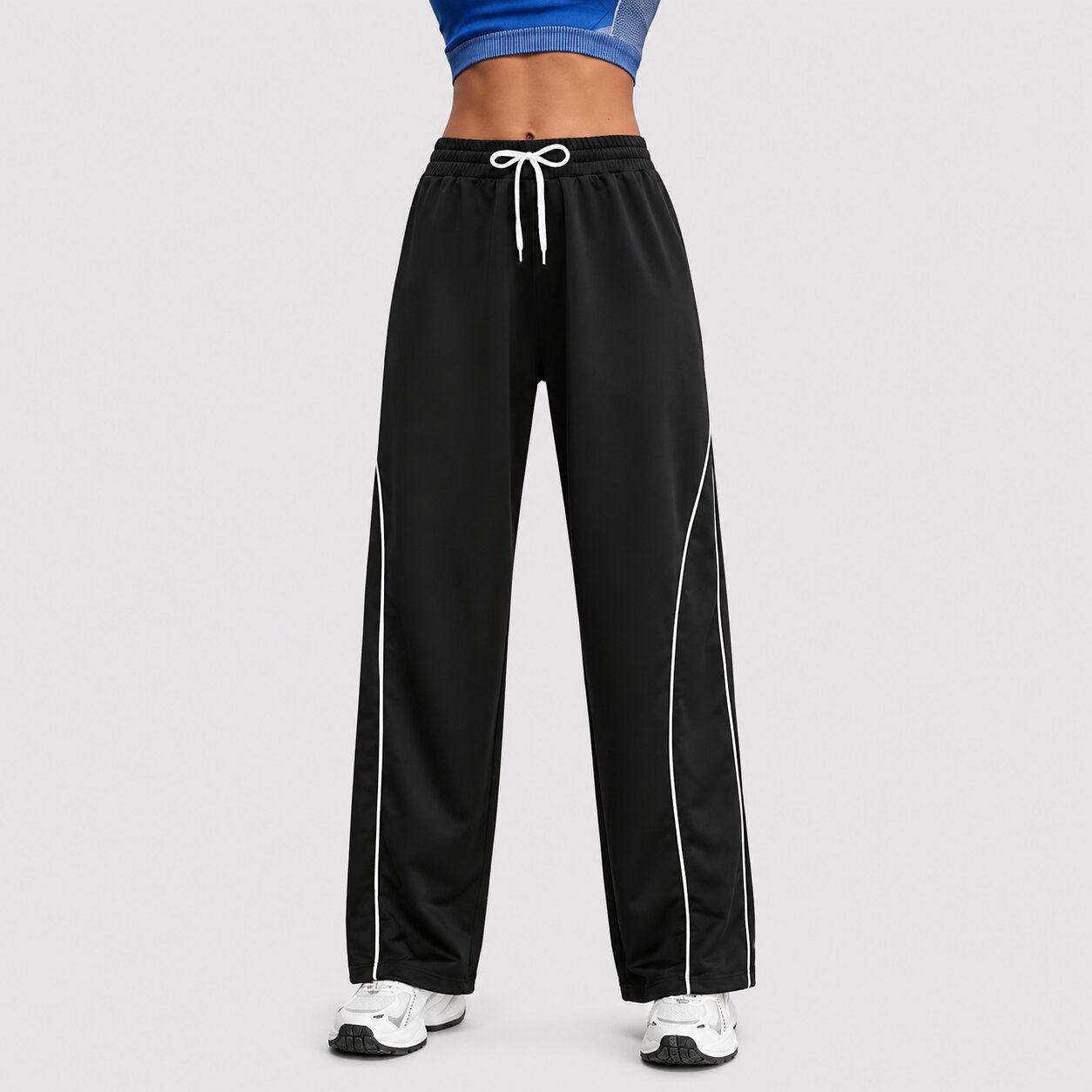 Women's High-Waist Contrast Stripe Wide-Leg Terry Track Pants