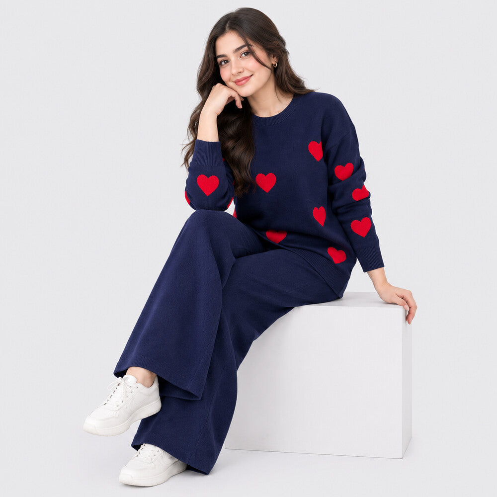 Heart Printed Warm Winter Fleece Co-Ord Set