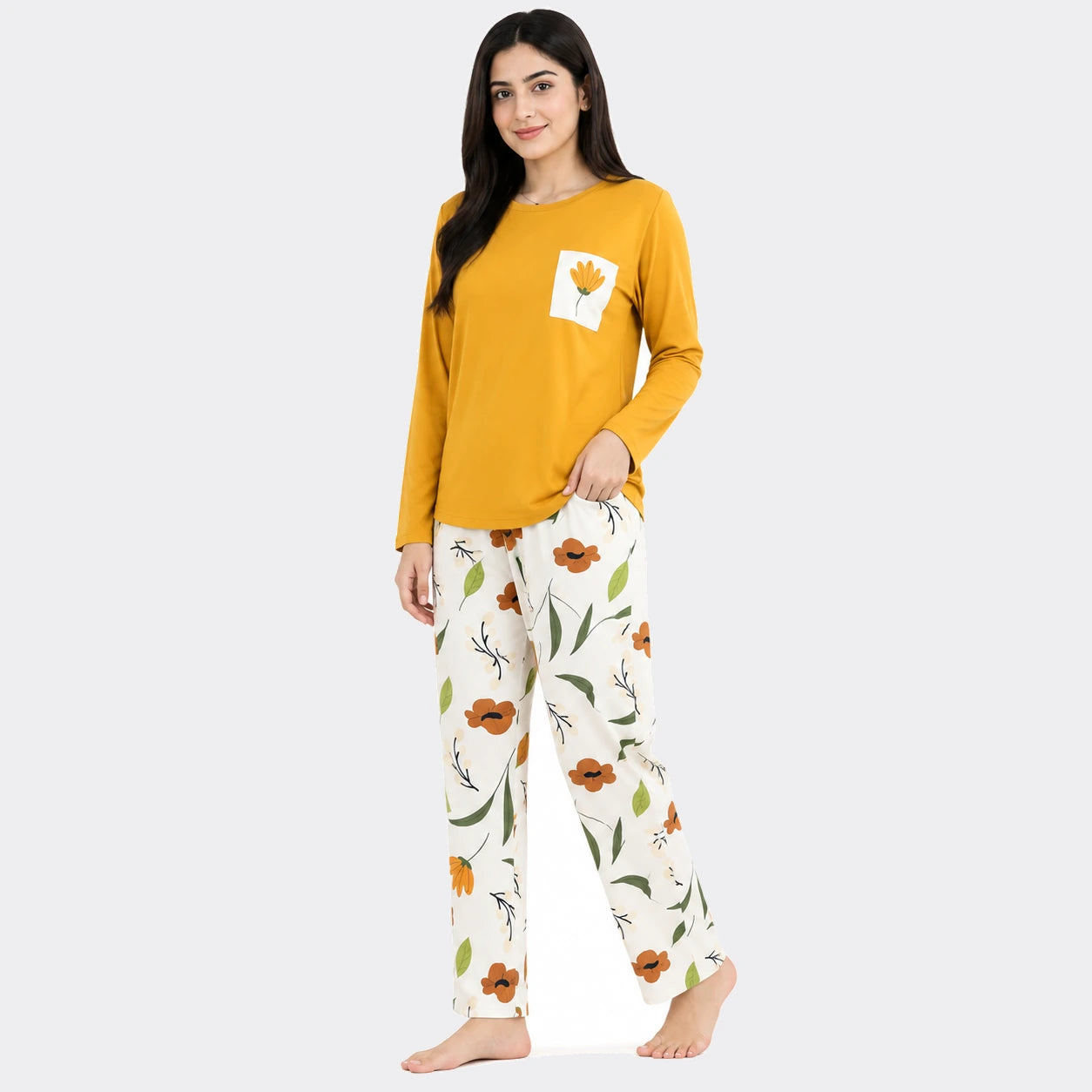 Floral Trouser Nightwear Set – Yellow & White
