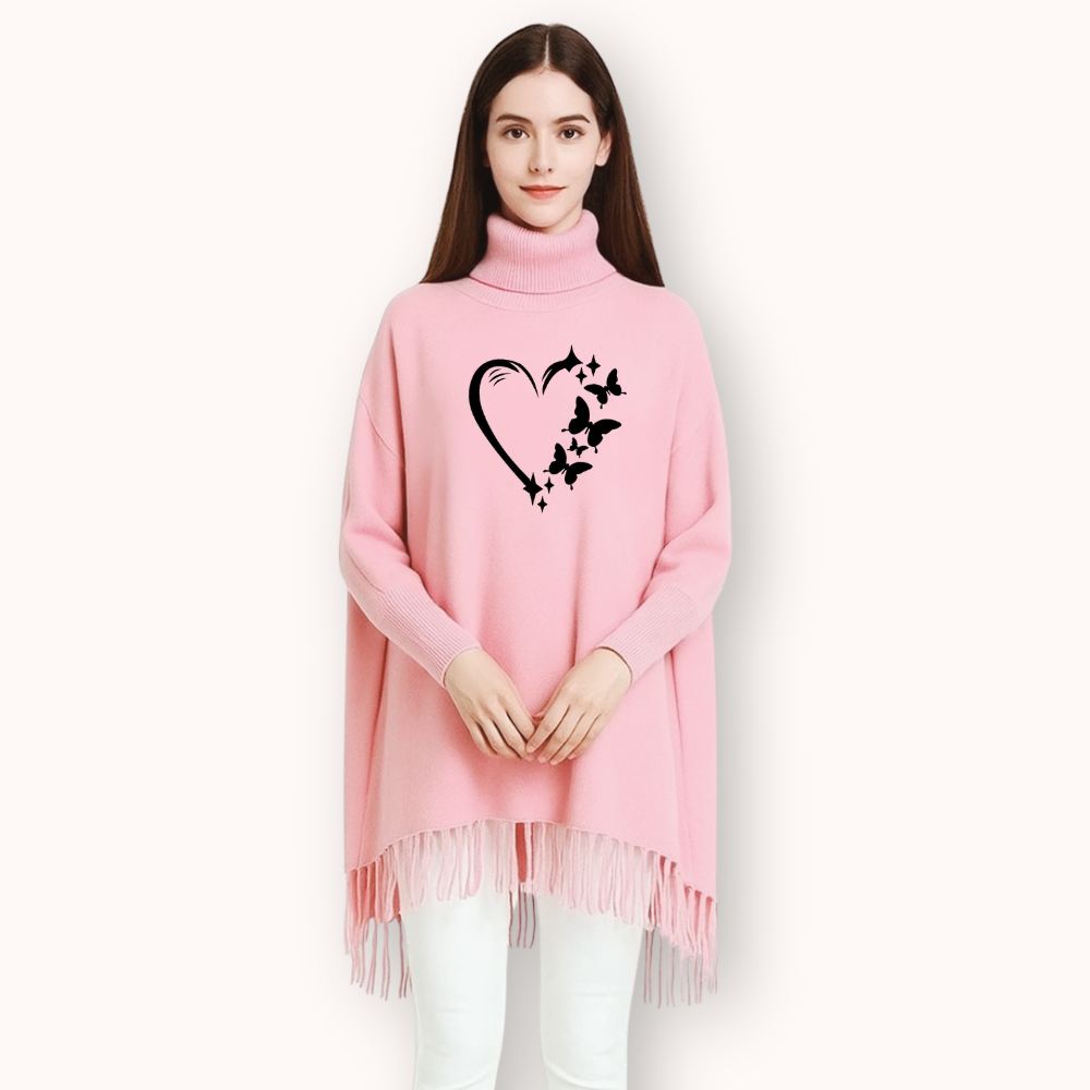 MK Garments - Butterfly Heart Printed Winter Collection Woman's Fleece Shoal Poncho For Girls