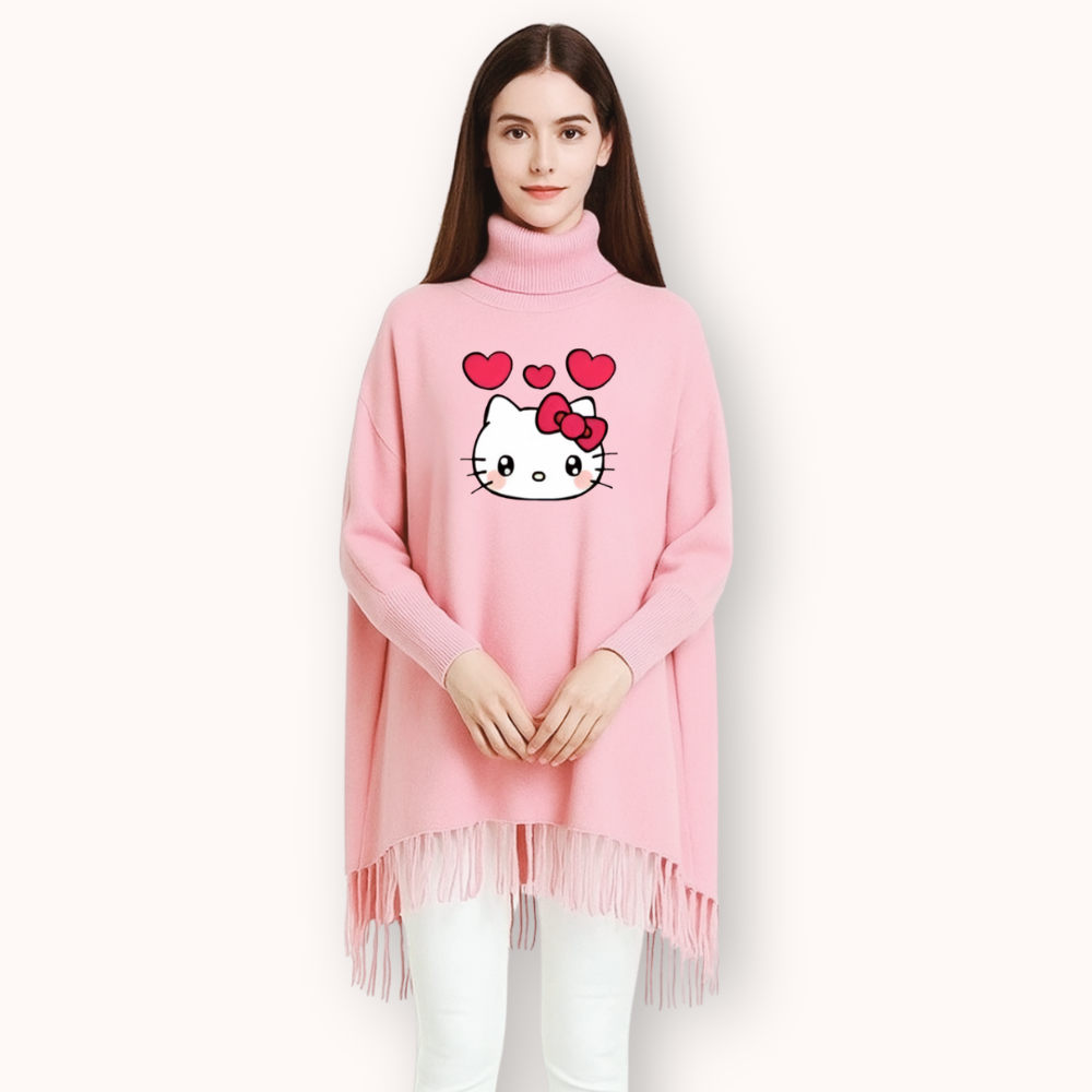 MK Garments - Kitty Printed Winter Collection Woman's Fleece Shoal Poncho For Girls