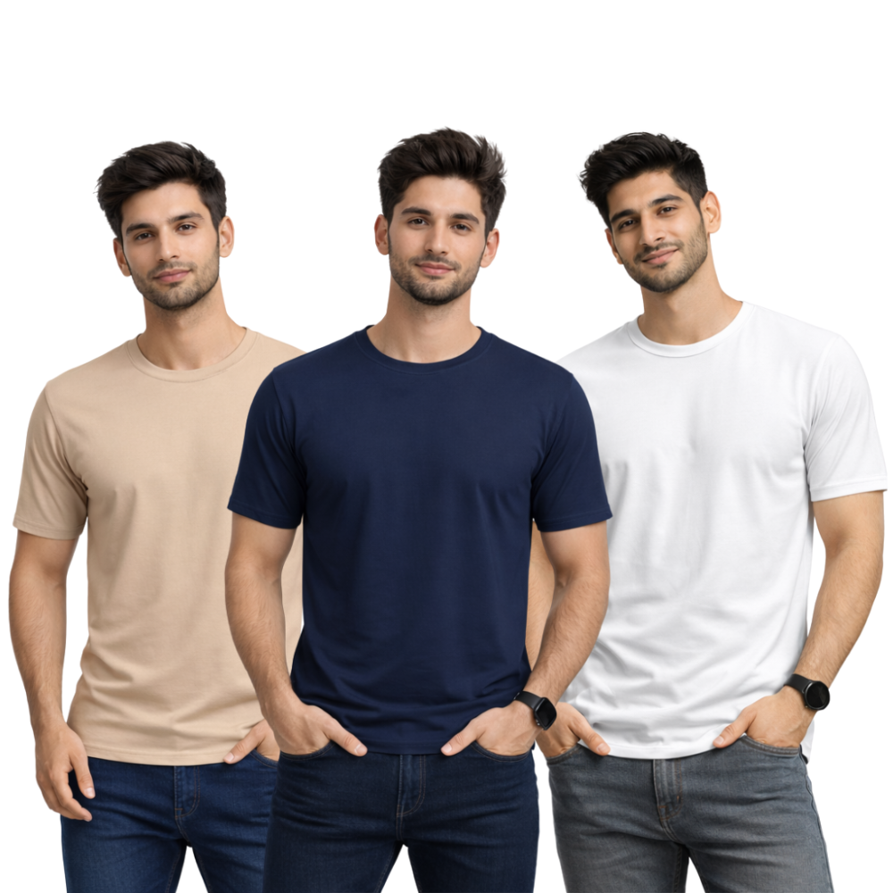 Pack Of 3 Plain Colors Half Sleeves T Shirts For Mens