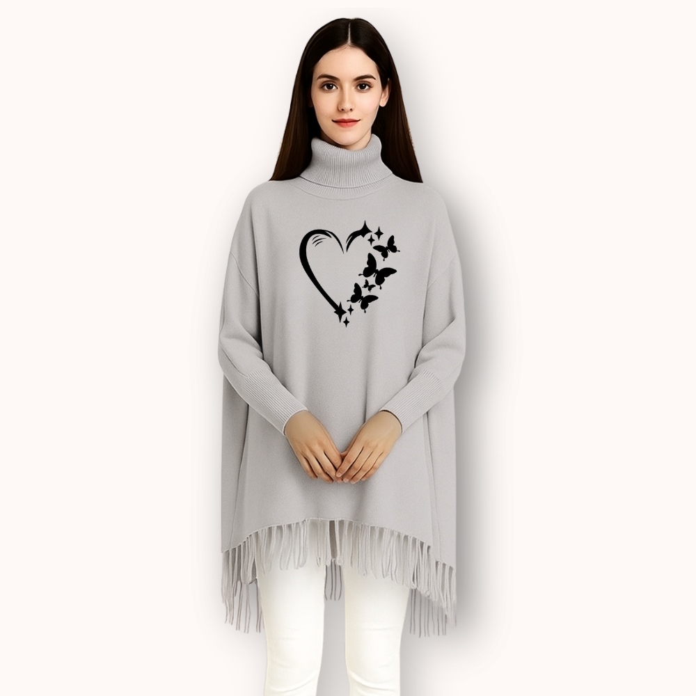 MK Garments - Butterfly Heart Printed Winter Collection Woman's Fleece Shoal Poncho For Girls