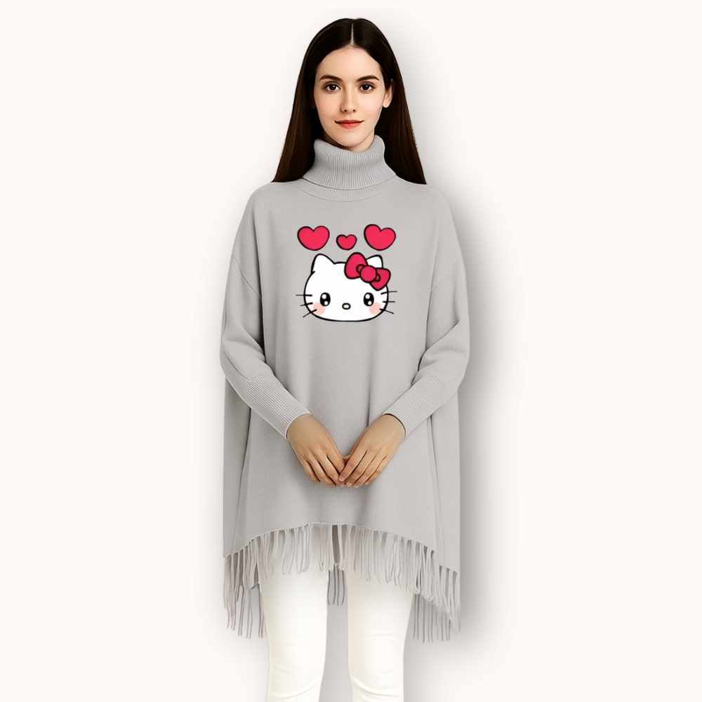 MK Garments - Kitty Printed Winter Collection Woman's Fleece Shoal Poncho For Girls