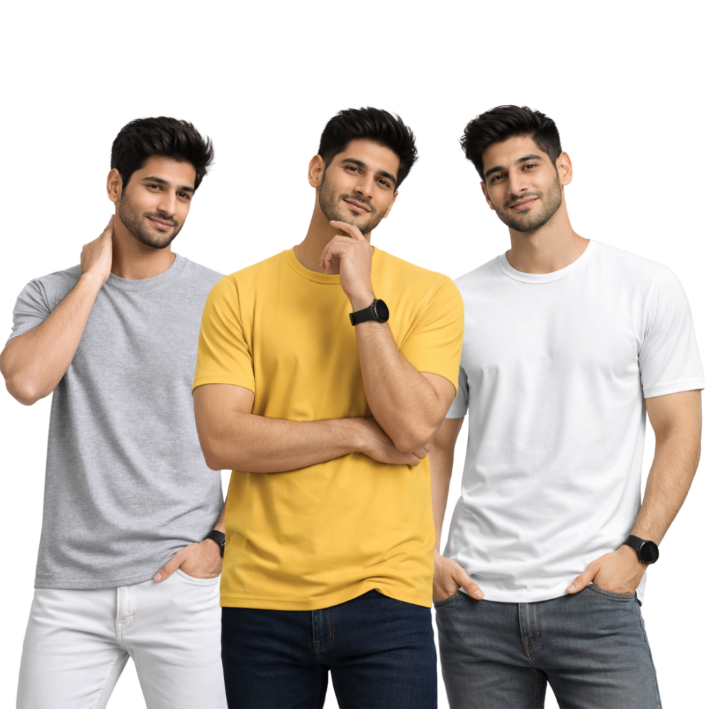 Pack Of 3 Plain Colors Half Sleeves T Shirts For Mens
