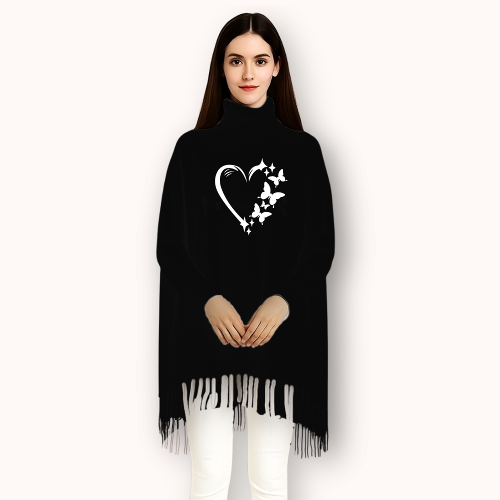 MK Garments - Butterfly Heart Printed Winter Collection Woman's Fleece Shoal Poncho For Girls