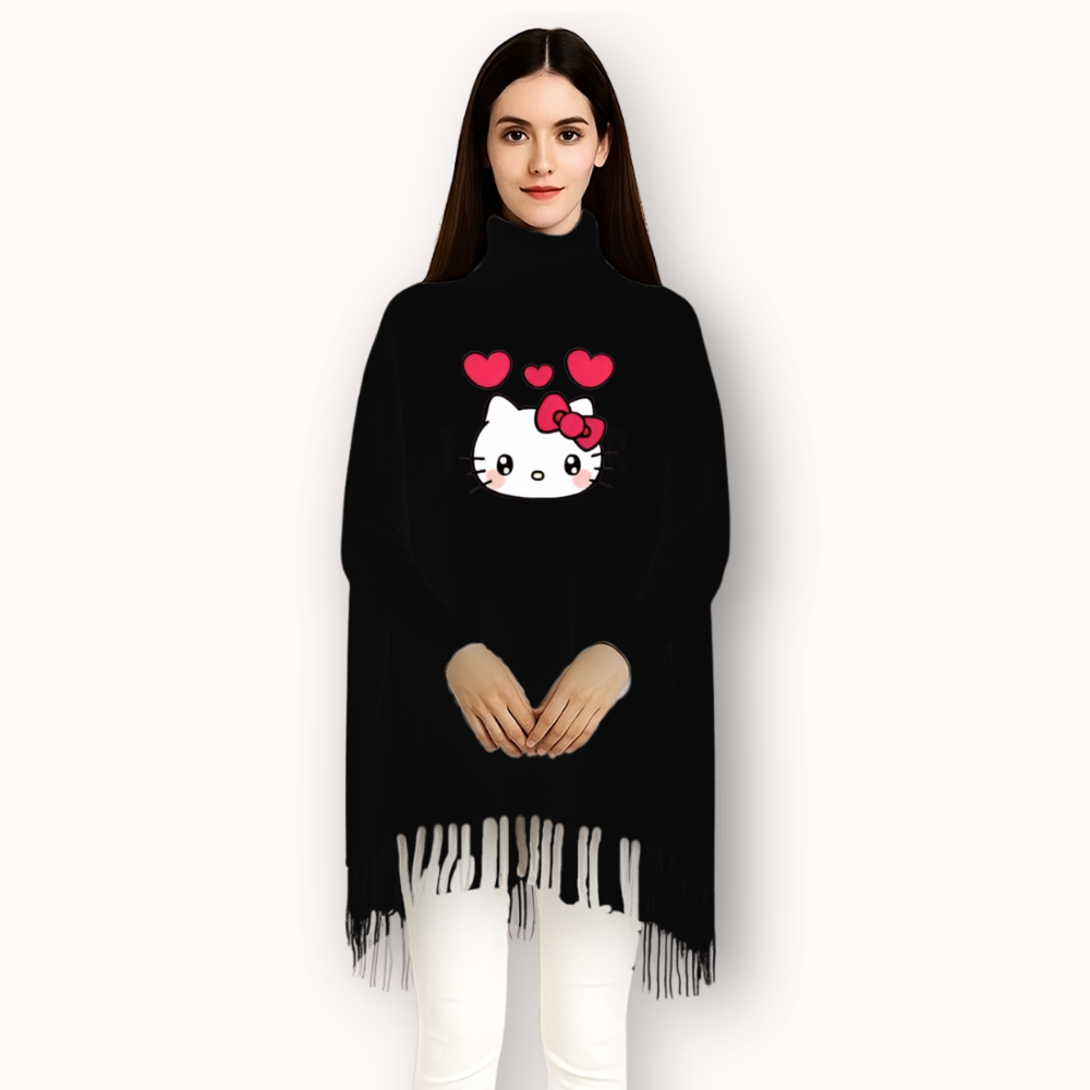 MK Garments - Kitty Printed Winter Collection Woman's Fleece Shoal Poncho For Girls
