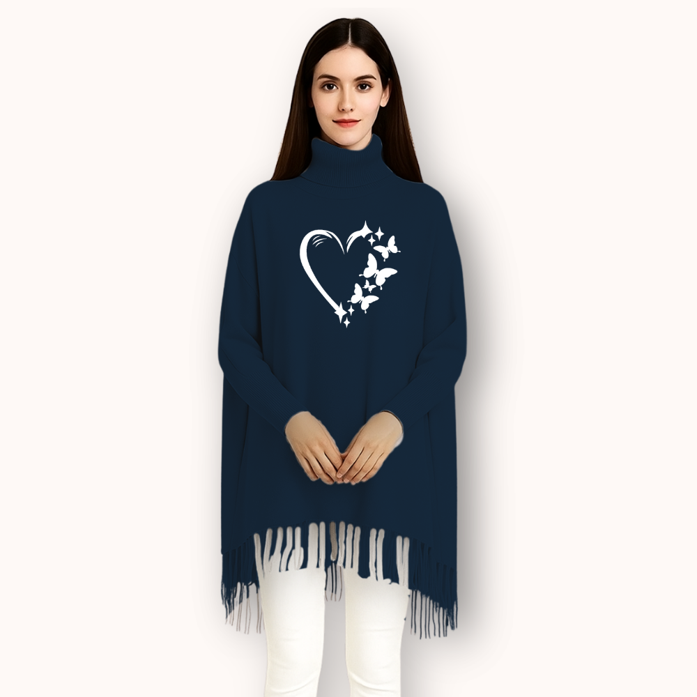 MK Garments - Butterfly Heart Printed Winter Collection Woman's Fleece Shoal Poncho For Girls