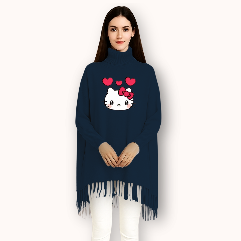 MK Garments - Kitty Printed Winter Collection Woman's Fleece Shoal Poncho For Girls
