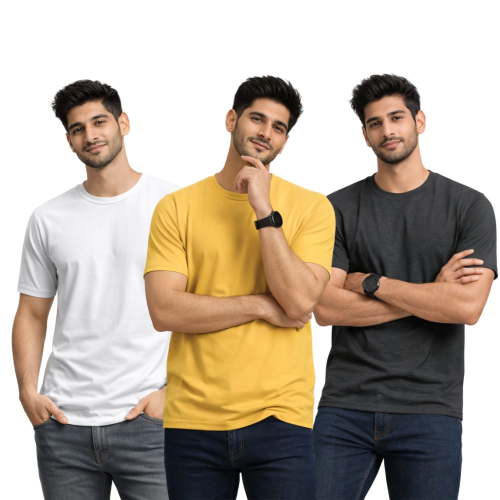 Pack Of 3 Plain Colors Half Sleeves T Shirts For Mens