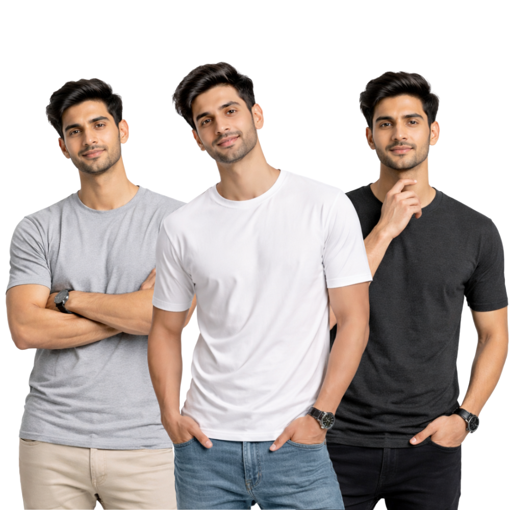 Pack Of 3 Plain Colors Half Sleeves T Shirts For Mens