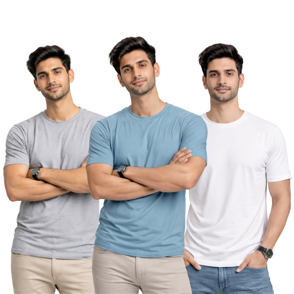 Pack Of 3 Plain Colors Half Sleeves T Shirts For Mens