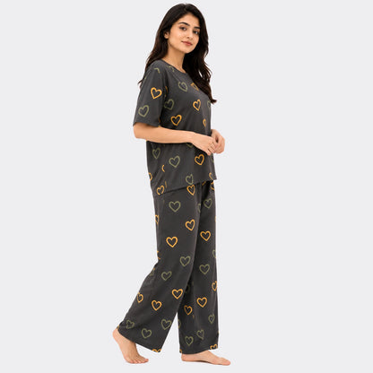 Heart Print Nightwear Set – Charcoal