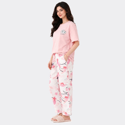 Blossom Floral Print Nightwear Set – Pink & White