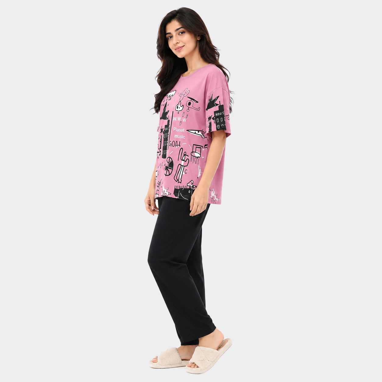 Doodle Art Print Nightwear Set – Pink & Black