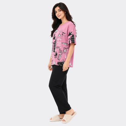 Doodle Art Print Nightwear Set – Pink & Black