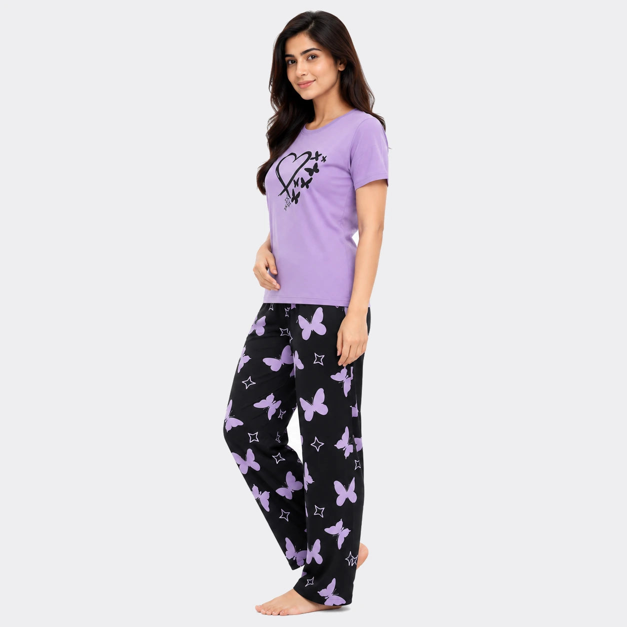 Heart & Butterfly Print Nightwear Set – Purple & Black
