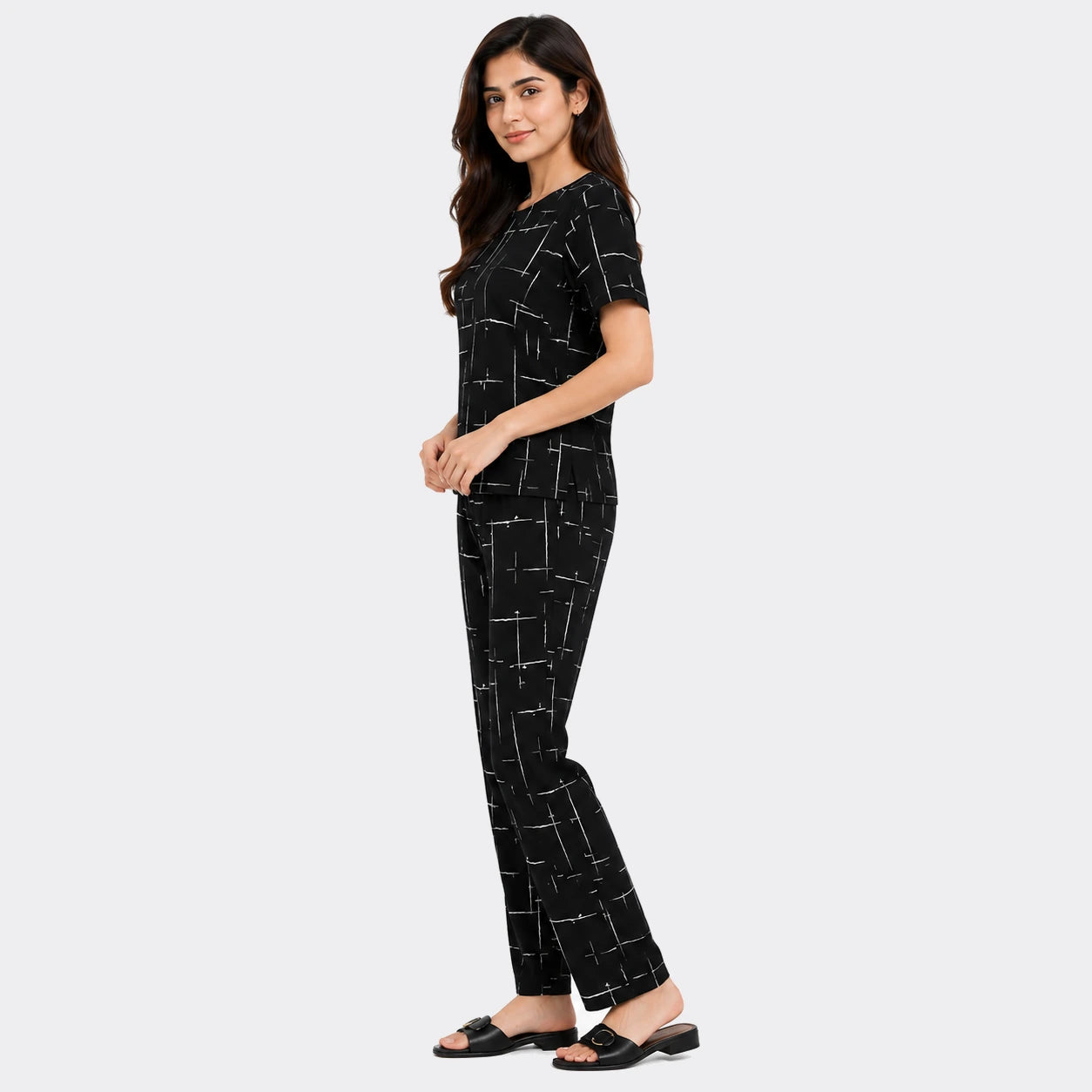 Abstract Grid Print Nightwear Set – Black